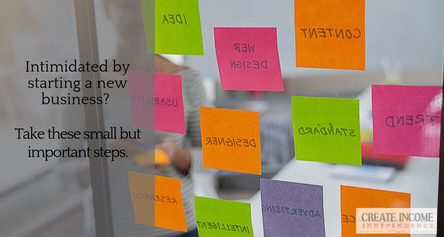 Starting entrepreneur with 12 post-it notes showing the small steps necessary to start a business.